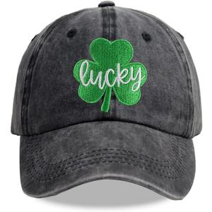 SHANVANKE Unisex St Patricks Day Hat, Distressed Adjustable Embroidered Cotton Denim Luck of The Irish Baseball Cap (Black)