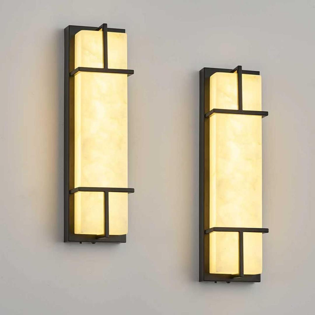 15.7inch Alabaster Wall Sconces Set of Two, 3 CCT Dimmable Square Natural Marble Lampshade Wall Sconce, Modern Hardwired LED Alabaster Sconces for Dining Room Stairs Bedroom Black