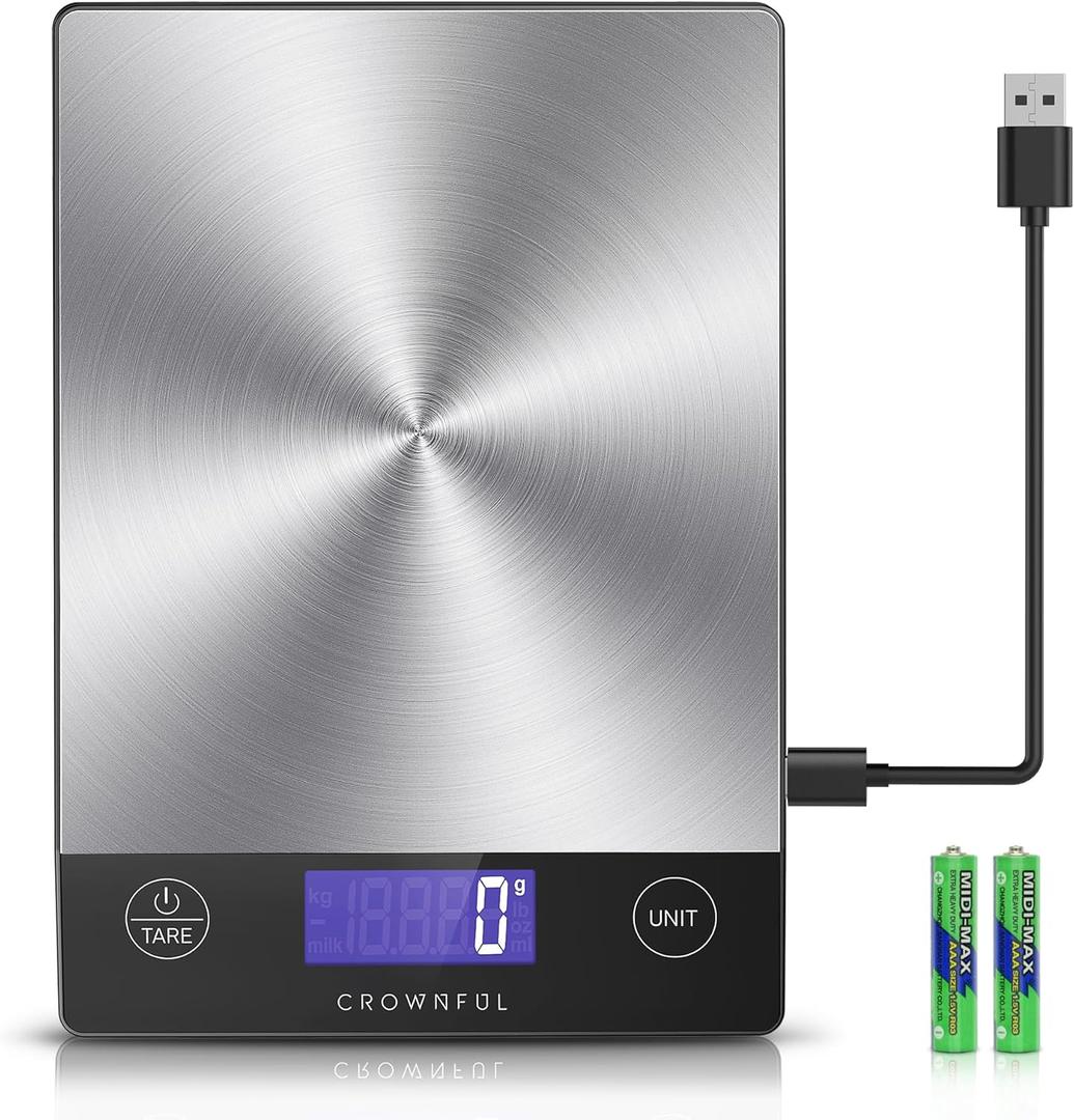 CROWNFUL Food Scale, Rechargeable 304 Stainless Steel Digital Kitchen Scale Up to 33lb Weight Grams and Ounces with LCD Display and Type-C Charging for Baking and Cooking