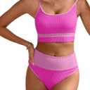 ANRABESS Womens High Waisted Bikini Sets,Color Block 2 Piece Swimsuits,Tummy Control Bathing Suits,Thick Ribbed Beach Wear (Pink, M)