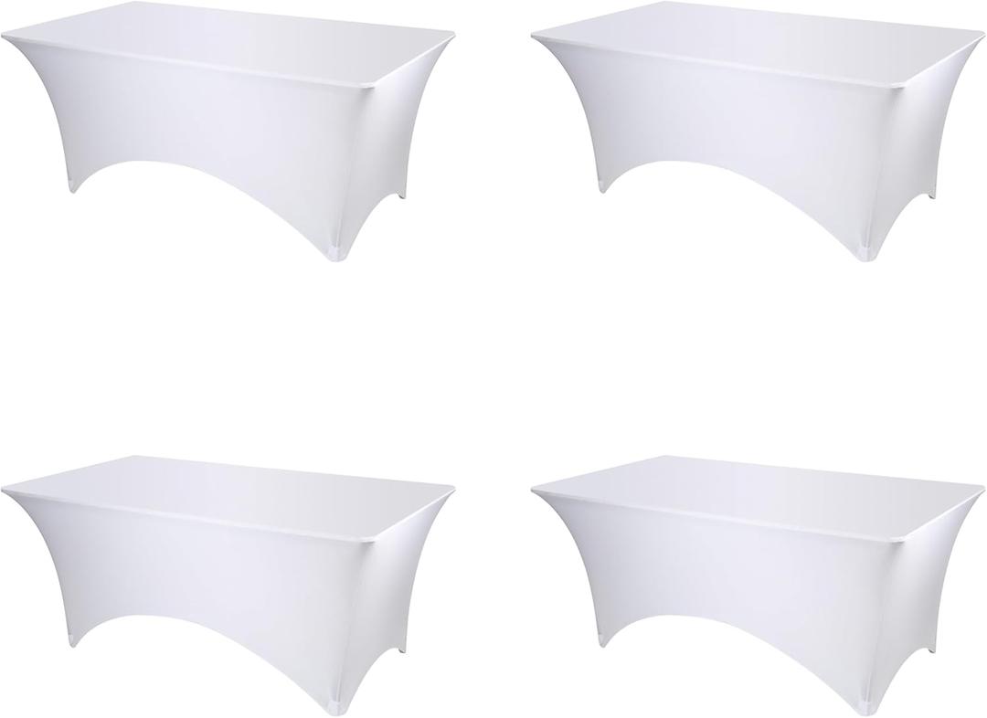 BRILLMAX 4 Pack White Spandex Table Covers for 6 Ft Rectangle Tables - 180 GSM Thick Stretch Tablecloth Fitted, Reinforced Foot Pockets, Wrinkle Free Cloth for Wedding Banquet Party Trade Show
