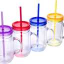 Plastic Mason Jars with Handles, Lids and Straws | 20 oz Double Insulated Tumbler with Straw | 4 Pack Set of 4 | Wide Mouth Mason Jar Mugs | Cups for Kids and Adults