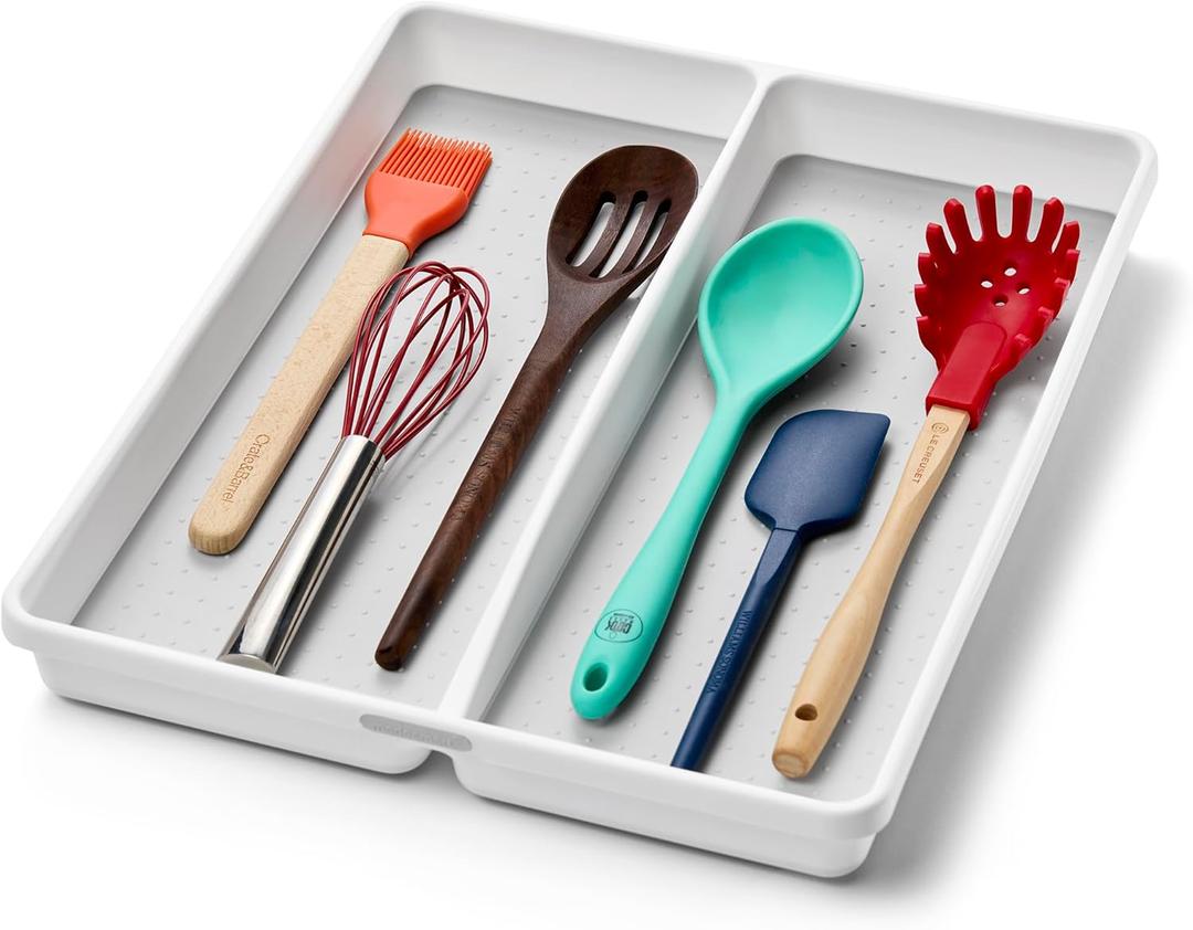 Madesmart Premium 2 Compartment Utensil Tray, Deep Storage for Ladles, Whisks & Serving Tools, Non Slip Lining, for Drawers & Home Organization, White