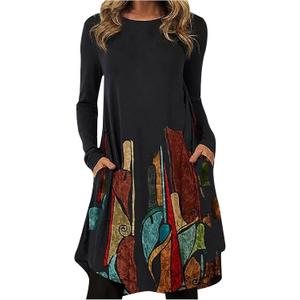 Tunic Dress for Women 2025 Casual Trendy Long Sleeve Crew Neck Vintage Printed T Shirt Dress Fashion Pullover Loose Swing Midi Dress with Pockets Size L Khaki