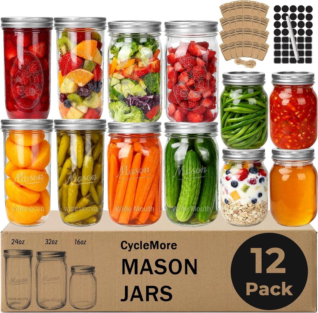 CycleMore Mason Jars Bundle, 12 Pack J Canning Jars With Bands and Lids, Ideal for Jam, Honey, Wedding/Shower Favors, DIY & Oats - 32 OZ x 4, 24 OZ x 4, 16 OZ x 4