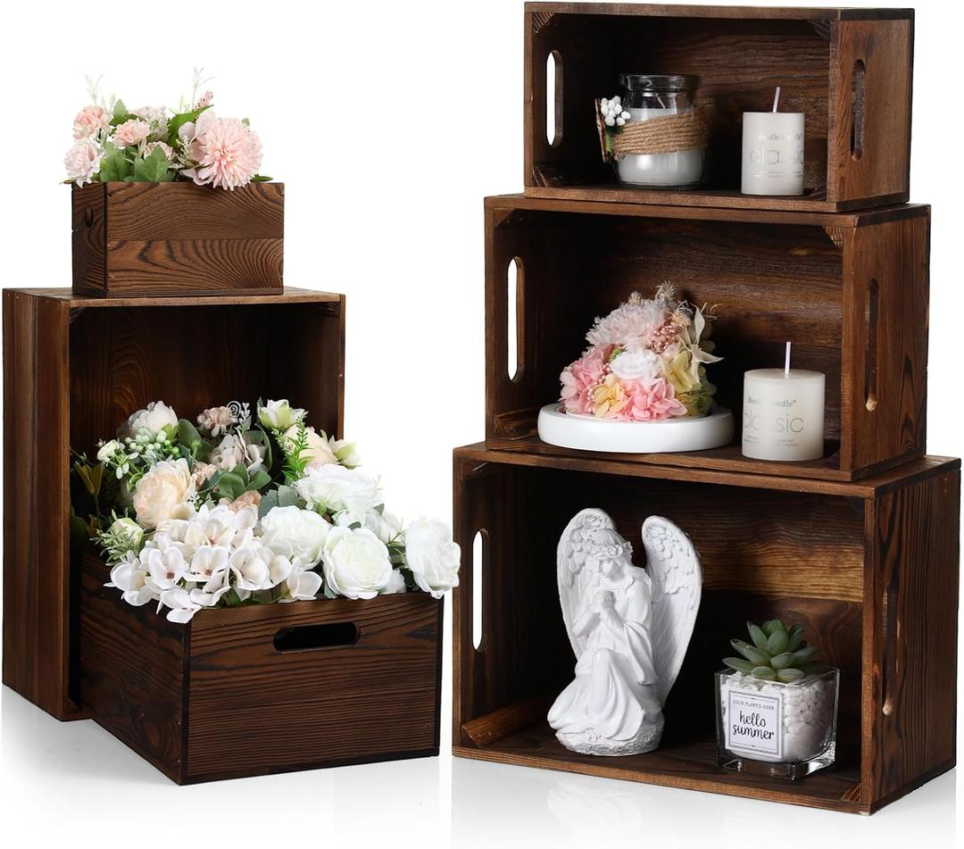 AceOrbit Set of 6 Wood Crates with Handles, Rustic Decorative Storage Boxes Distressed Wooden Nesting Display Baskets for Farmhouse, Wedding, Party Storage Display Supplies(Classic Brown)