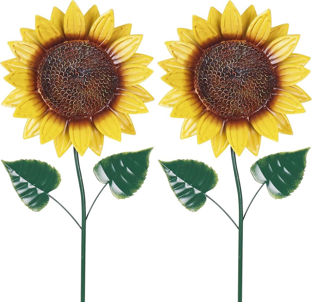 hogardeck Garden Decor for Outside, 2 Pack Sunflower Decorative Garden Stakes for Spring Outdoor Yard Decor, Metal Yard Art with Shaking Head for Garden Lawn Porch Decorations (Yellow,green)