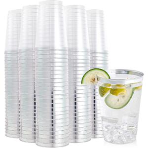 FOCUSLINE 200 Pack 12 oz Silver Rimmed Plastic Cups, Clear Plastic Cup 12 Ounce Tumblers, Heavy-duty & Fancy Disposable Cups with Silver Rim for Wedding Cups Elegant Party