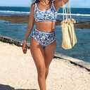 Herseas Women's Bikini Sets Floral Print Whip Stitch 2 Piece Swimsuits High Waisted Scoop Bathing Suits (Blue, L)