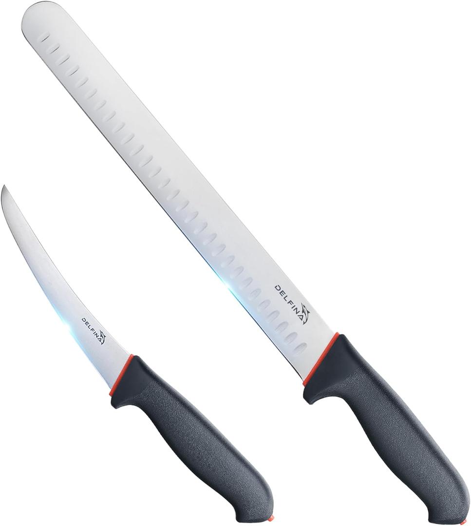 DELFINA Professional 2 Piece BBQ Knife Set, Japanese Style Premium Stainless Steel Chef Knife Set W/SoftGrip Handle, Multi-Purpose Slicing & Boning Knife Set for Kitchen Home Restaurant