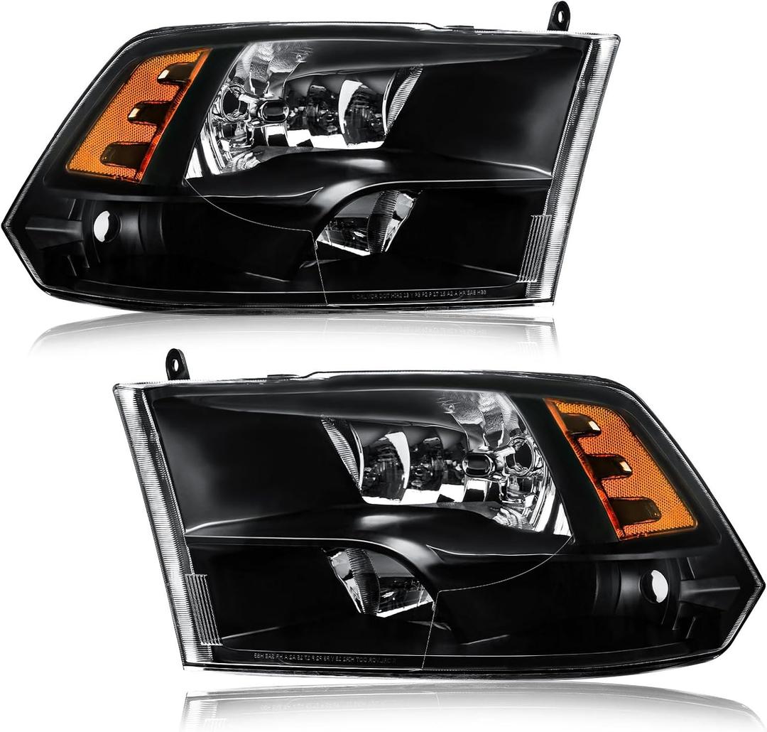 Headlights fit 09-18 Dodge Ram 1500/10-18 Dodge Ram 2500 3500 4500 5500 (Only Fit Factory Quad Style Halogen Headlamp) Black Housing Amber Reflector