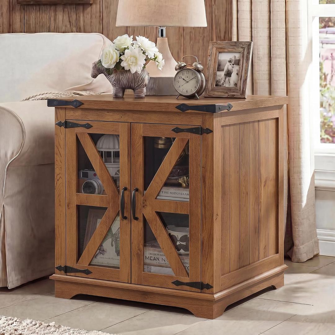 Farmhouse End Table, 24" Large End Tables with Storage, Rustic Square Sofa Beside Table with Glass Barn Door, Wood Side Table Square Nightstand for Living Room, Bedroom, Office (Brown), 24" W x 24" D x 26" H