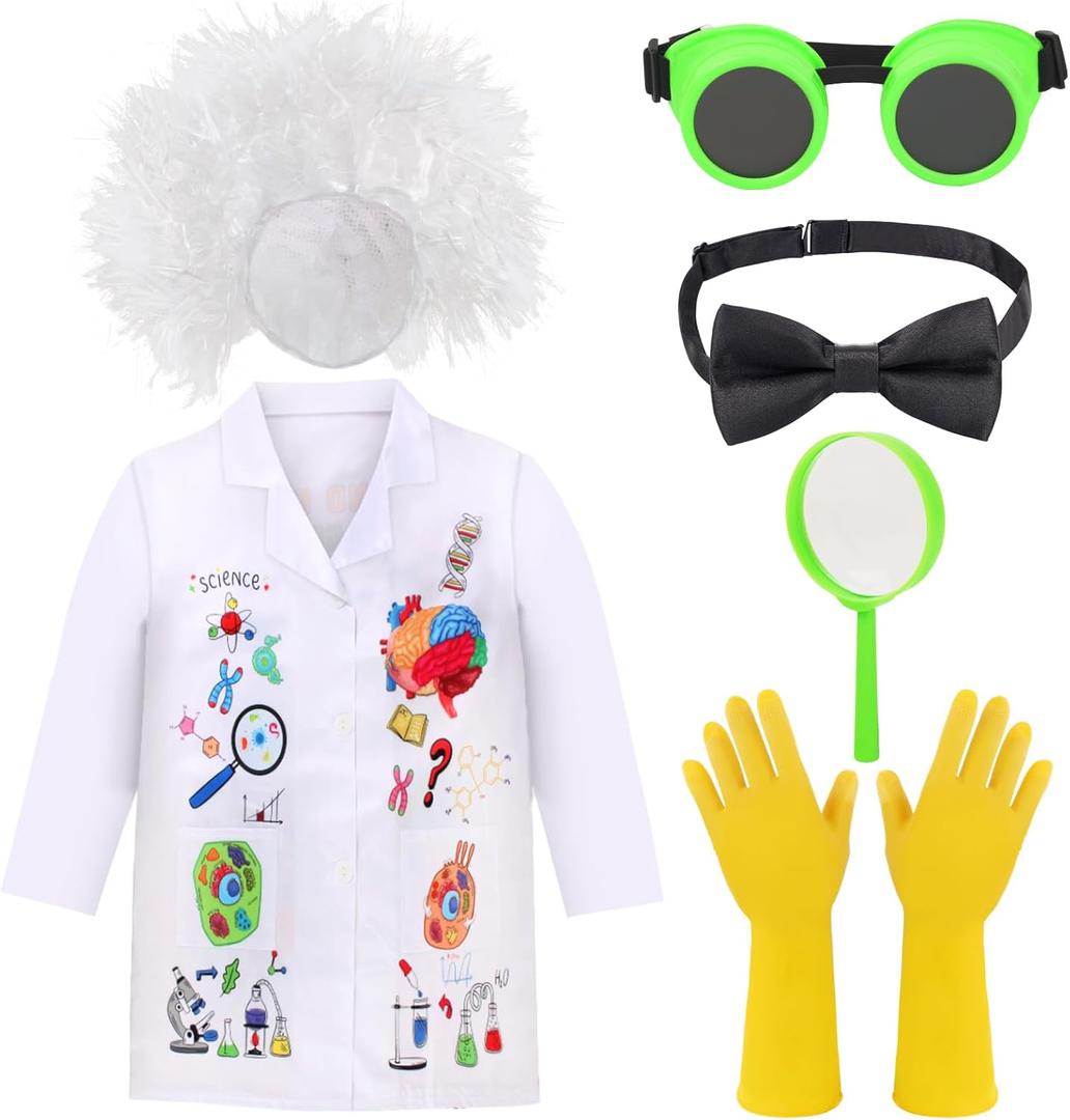 Kyson Kids Mad Scientist Costume 6 Pieces Science Crazy Lab Coat and Goggles Wig Gloves Bowtie Magnifier Halloween Dress Up