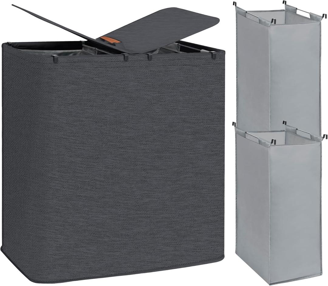 STORAGE MANIAC Double Laundry Hamper, 136L Laundry Sorter with Lid and Removable Bags, Clothes Hamper, Large 2 Section Clothes Basket with Handles for Small Space, Dorm, Closet, Bathroom, Black