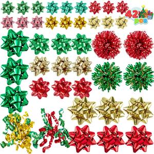 JOYIN 42 Pcs Gift Bows Assortment for Christmas with 36 Multi-Colored Assorted Size Self Adhesive Bows, 4 Tinsel and 2 Curly for Gift Wrapping, Christmas Wrapping Ribbon (3 Sizes) (Green,Red,Gold)
