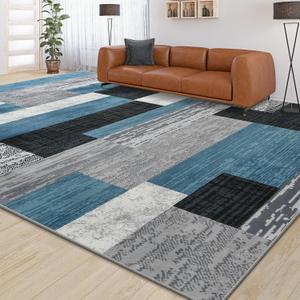 Large Area Rugs,Modern Geometric Patchwork Floor Decor for Bedroom Aesthetic Carpet, Rockwood Collection, Indoor Rugs for Living Room, Dining Room, Nursery, Office, Machine Washable Rug,9x12 Ft Blue