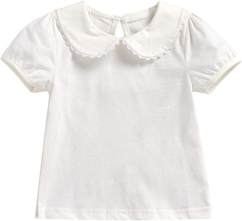 MODNTOGA Kids Baby Girl Long Sleeve Collar Shirt Toddler White Blouse Puff Short Sleeve T-Shirt Solid Color Basic Top Bottom (12-18 Months)