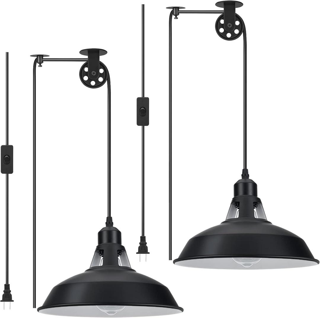 Plug in Pendant Light, Hanging Lamp with Black Barn Pendant Lighting with 14.76ft Cord On/Off Switch, Adjustable Pulley Hanging Pendant Lighting for Kitchen Bedroom Restaurant- Pack Of 2