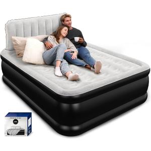 Queen Air Mattress with Headboard, Built-in Pump, 800 lbs Heavy-Duty Support, 19" Raised Upgraded Comfort, 48-Hour Leak-Tested, 3.5 Min Inflatable Portable Blow Up Mattress for Home, Guest & Camping (Grey)