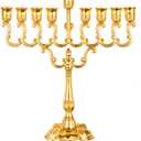 9-Branch Gold-Plated Hanukkah Menorah Candle Holder - Jewish Holiday Decor, Sabbath Table Centerpiece, Jerusalem Temple Style, Home & Office Decoration (16.5cm8cm20cm)