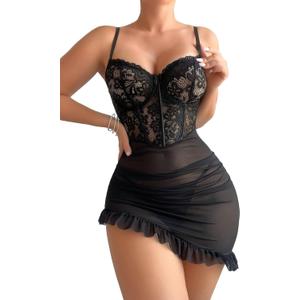Sexy Corset Bodycon Ruffle Sheer Underwire Mesh Lace Floral Outfits Babydoll Lingerie Set Dress with Thong 2 Piece (Black)