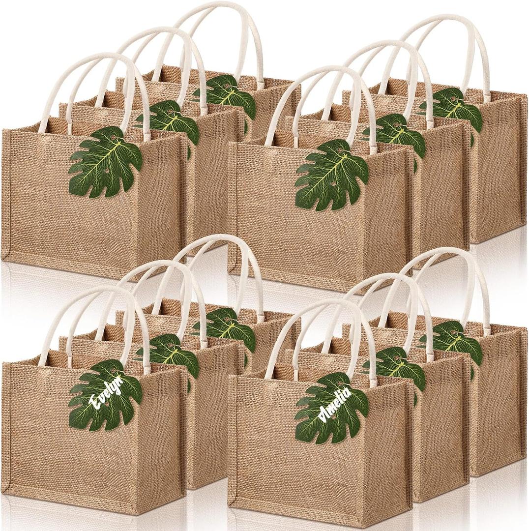 Paterr 12 Pcs Burlap Jute Tote Bag Bachelorette Gift Bag with Handle Tissue Paper Monstera Tag for Bridesmaid Party Favor