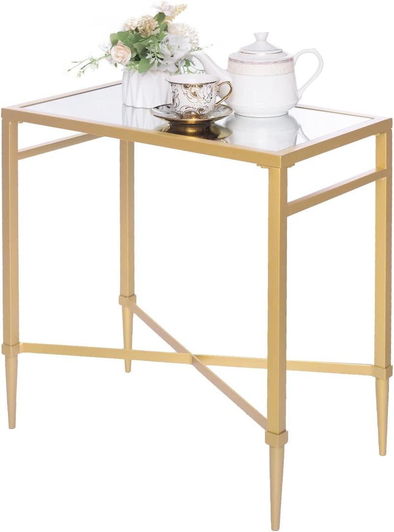 Gold End Table, Rectangle Side Table with Mirrored Top, Modern Metal End Tables, Small Narrow Side Tables for Living Room, Balcony, 22" L x 12.4" W x 24" D, Rectangular
