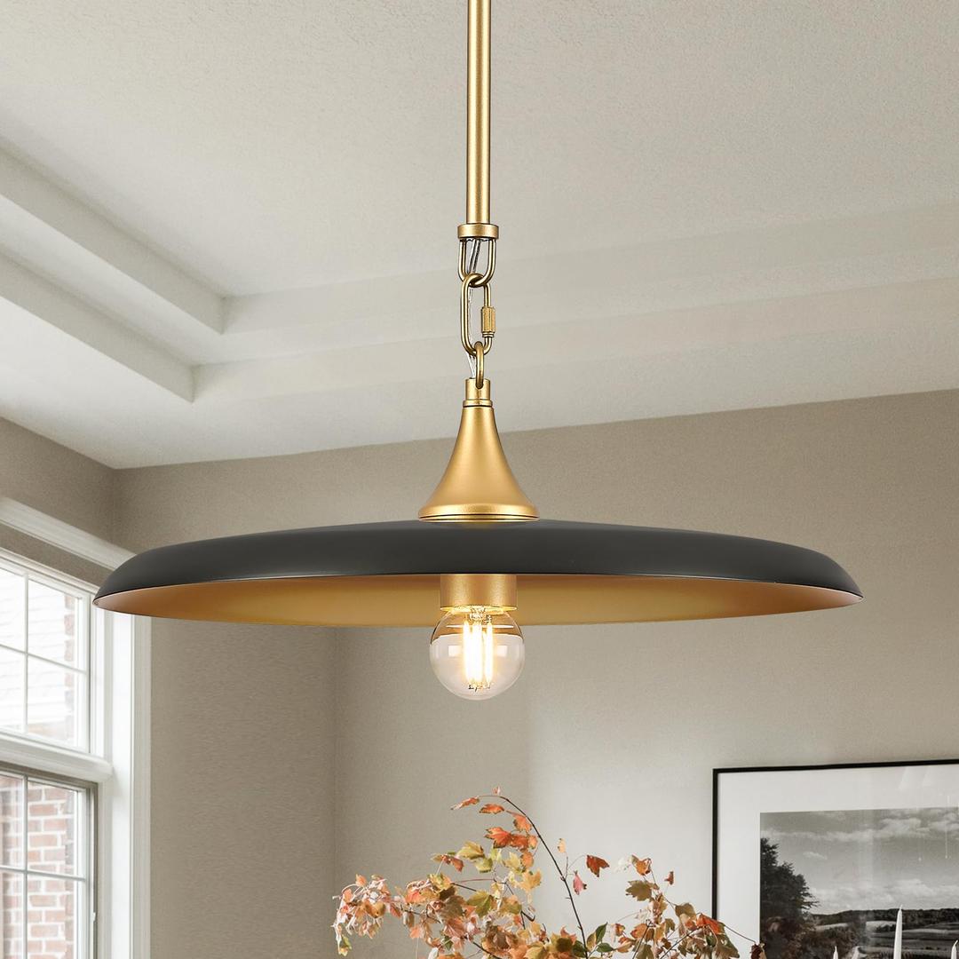 FookChak Black Pendant Light 15.7in Pendant Lights Modern Kitchen Island Pendant Light Fixture with Rod Black Gold Industrial Pendant Lighting for Dining Room Kitchen Sink, E26