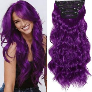 Purple Clip in Hair Extensions, 4 PCS Natural Soft Long Wavy Clip on Synthetic Hair Hairpieces Curly 20Inch Curly Thick Hair 11 Clips (Purple, 20 Inch)