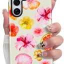 SOKAD Magnetic Hibiscus Seashell Phone Case for Samsung Galaxy S25 Plus, Cute Summer Florals Pattern Compatible with Magsafe Glossy Protective Case Cover with Screen Protector for Girls Women