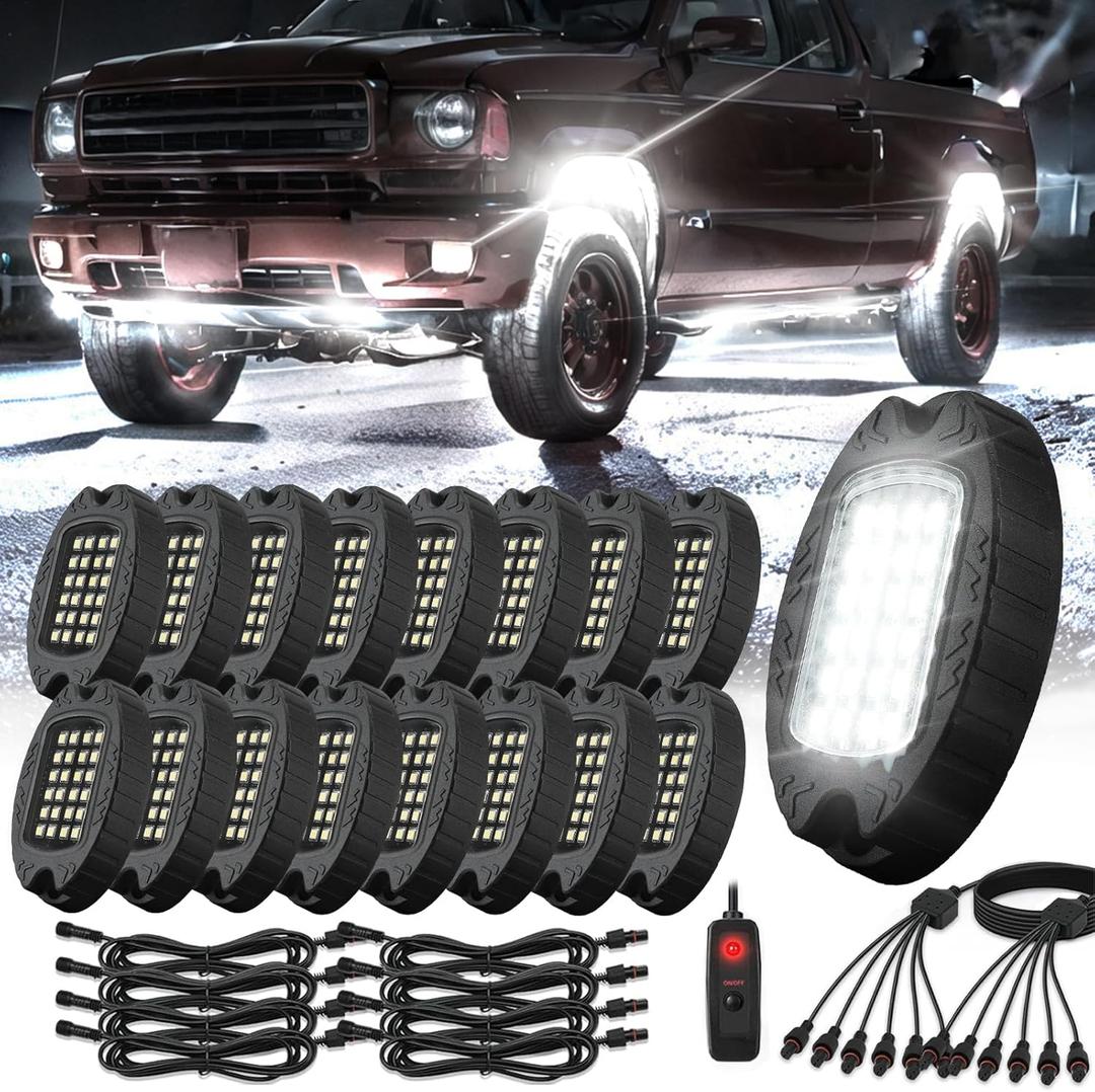16 Pods Alloy Pure White LED Rock Lights for Trucks Trailer Offroad Pickup Boats Fender, IP68 Waterproof Shockproof 6500K 24LEDs Super Bright Aluminum White Underglow Kit with Switch Wiring Harness