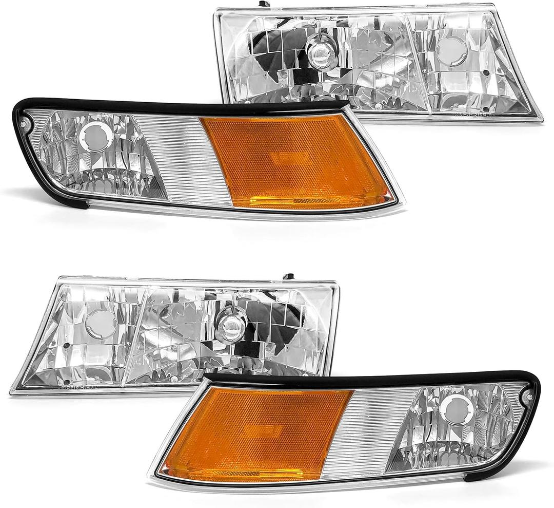 for 1998 1999 2000 2001 2002 Mercury Grand Marquis Headlight Assembly 1998-2002 Mercury Grand Marquis Clear Lens Chrome Housing Amber Reflector Driver and Passenger Side