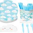 Juvale Disposable Dinnerware Set - Serves 24 - Cute Clouds Design, Kids Birthday, Baby Shower Parties, Includes Plastic Knives, Spoons, Forks, Paper Plates, Die-Cut Cloud Napkins, Cups, Sky Blue