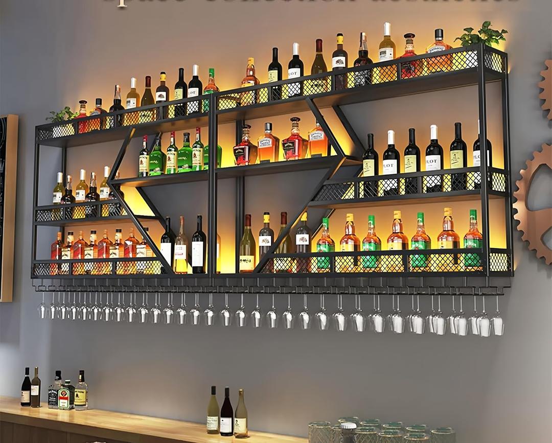 79" Metal Wine Rack Wall Mounted, Modern Bar Shelves Wall Mounted Wine Rack with LED Light, Liquor Shelf Wall Mounted, Bar Shelves for Liquor Bottles (Black with Warm Led, 79--3 Tier)