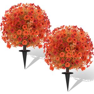 2 Pack Fall Artificial Topiary Bushes - 23" Boxwood Ball Trees with Mums, UV Resistant Faux Plants with Ground Spike for Outdoor, Fake Shrubs for Garden Porch Patio Autumn Thanksgiving Decor