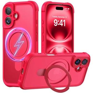MOCCA Design for iPhone 16 Case with Magnetic Invisible Stand [Full Camera Protection] [Compatible with Magsafe] Military Drop Shockproof Translucent Matte Phone Case Cover 6.1",Red