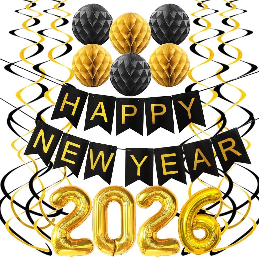New Year Decorations 2026, Happy New Year NYE Eve Party Supplies Banner with Hanging Swirl, Honeycomb Balls Decorations for Home Office Classroom, Black Gold