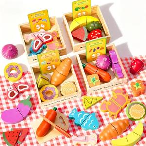 Wooden Play Food Set for Kids Kitchen with Cutting Fruits, Veggies, Bread, Meat & Wooden Crates – Educational Pretend Toys for Boys & Girls 3-5, Perfect Kids