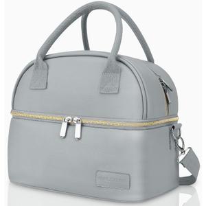 BALORAY Lunch Bag for Women Men, Double Deck Lunch Box for Adults Teens, PU Leather Lunch Tote Bag Insulated Lunch Bags with Strap for Work Office School (Gray)