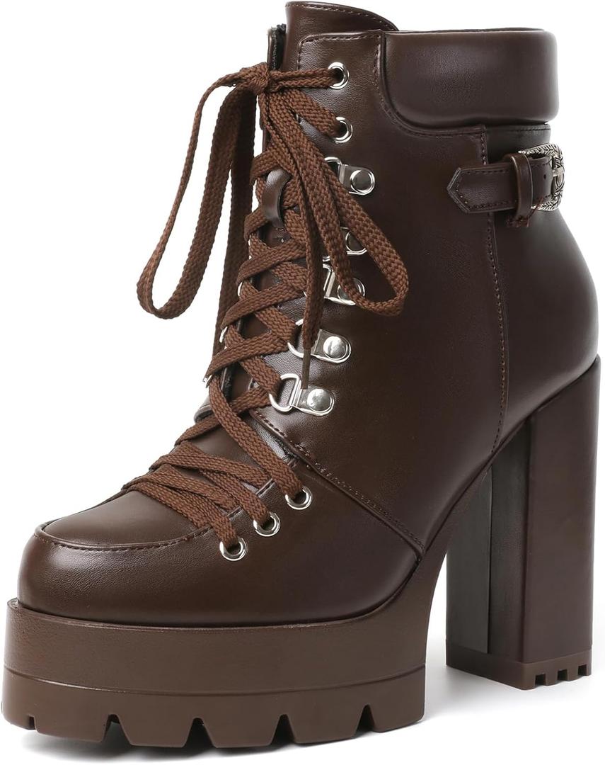 Susanny Sexy High Heels for Women Boots Round Toe Platform Booties Lace Up Suede Side Zipper Ankle Bootie (9.5, Chocolate Brown)