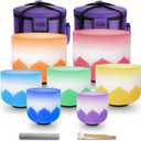 Leize 6-12 inch Lotus Design Colored Rim Tuned 432hz Set of 7 Quartz Crystal Singing Bowls with Heavy Duty Carrying Cases and Singing Bowl Mallet Suede Strikers