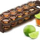 SOUJOY 12 Shot Glass Holder Set, 2oz Shot Glass with Wood Tray, Party Serving Holder for Bar, Pub, Party, Club Drinking (15.7''L x 6.3''W x 3.3''H)
