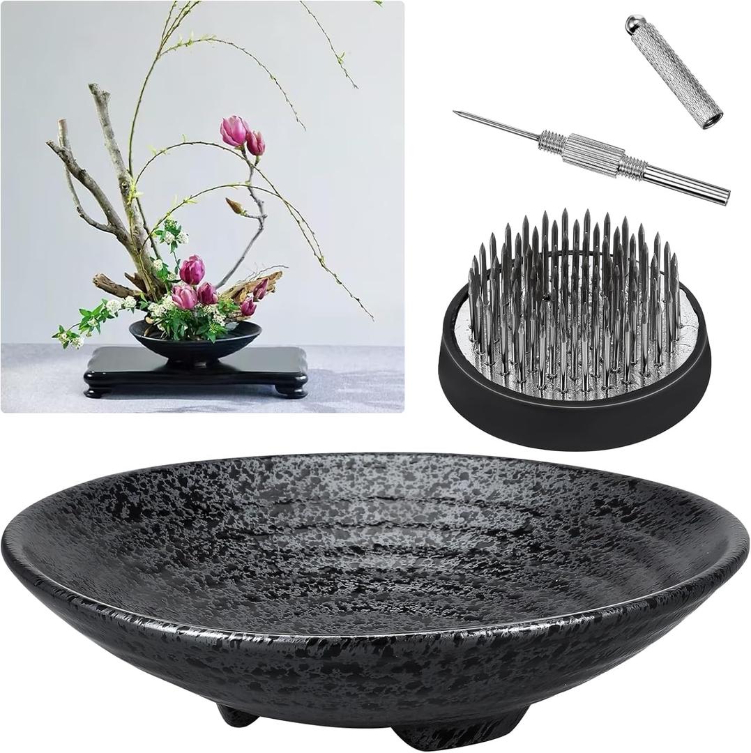 Japanese Ikebana Kit Floral Frog Flower Container with Kenzans Needle Straightening Tool - 1.8inch Black Flower Frog, 6.7inch Bowl Vase