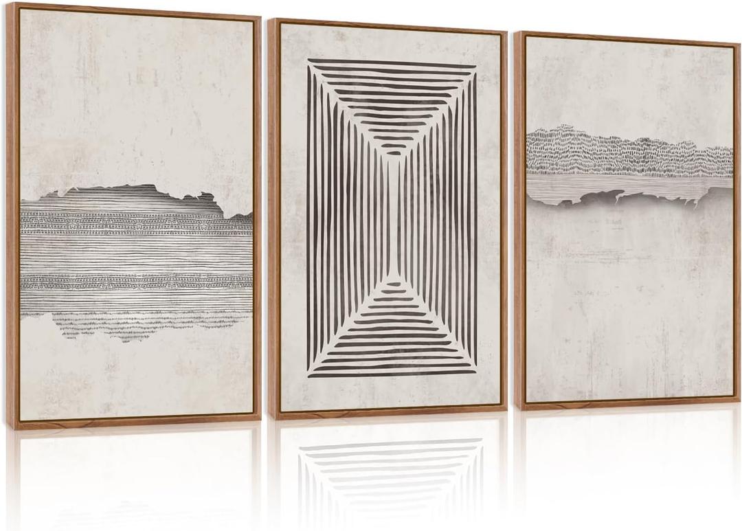 CHDITB Modern Abstract Canvas Wall Art, Neutral Framed Art Prints, Black Beige Large Wall Painting, Geometric Line Textured Minimalist Wall Decor for Living Room Bedroom Dining Room Office 24"x36"x3