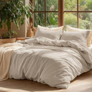 Bedsure 100% Washed Cotton Duvet Cover Full Size - Oatmeal Minimalist Cotton Duvet Cover Linen Like for All Seasons - GentleSoft Plain Simple Bedding (Oatmeal, Full, 80"x90")