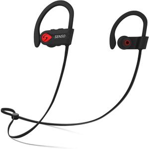 Senso Bluetooth Headphones, Best Wireless Sports Earphones w/Mic IPX7 Waterproof HD Stereo Sweatproof Earbuds for Gym Running Workout 8 Hour Battery Noise Cancelling Headsets (Black Red)