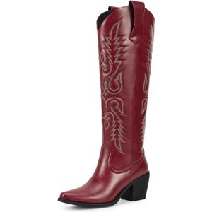 wetkiss Womens Cowboy Boots Side Zipper Ladies Cowgirl Knee High Boots,Comfortable Retro Tall Vintage Embroidery Pointed Toe Block Chunky Heel (7.5, Red)