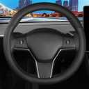 Leather Steering Wheel Cover Custom-Fit for Tesla Model 3/Y 2016-2026, Comfort Grip Design Breathable and Non-Slip, Model 3/Y Car Steering Wheel Protector, Tesla Accessories, Black(A-Style, for Tesla)