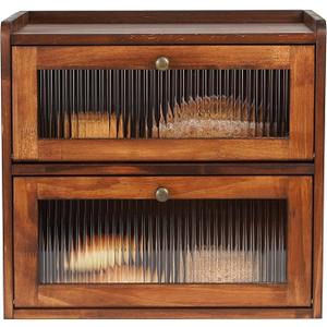 Sunhoo Bread Box for Kitchen Countertop Wooden Bread Storage Container Bin 2 Layer Breadbox Holder Large Capacity Keeper Vintage Farmhouse Food Organizer Pantry Shelf Acrylic Window (Brown)