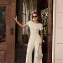 XXTAXN Women's Caual Fashion Crew Neck Short Sleeve Ruched Waist Backless Tie Wide Leg Long Pant One Piece Jumpsuit (L)